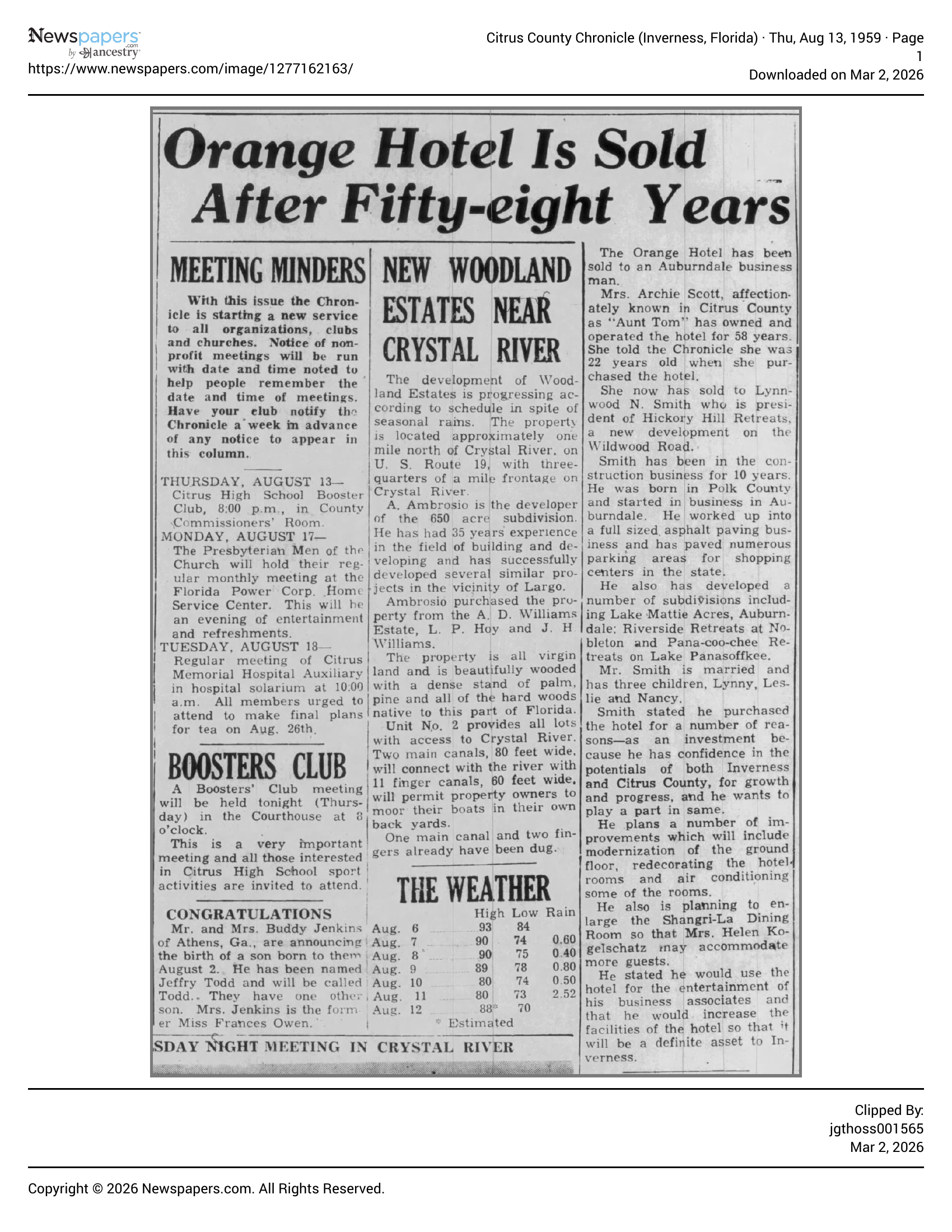 Orange Hotel Is Sold After Fifty-eight Years, 1959
