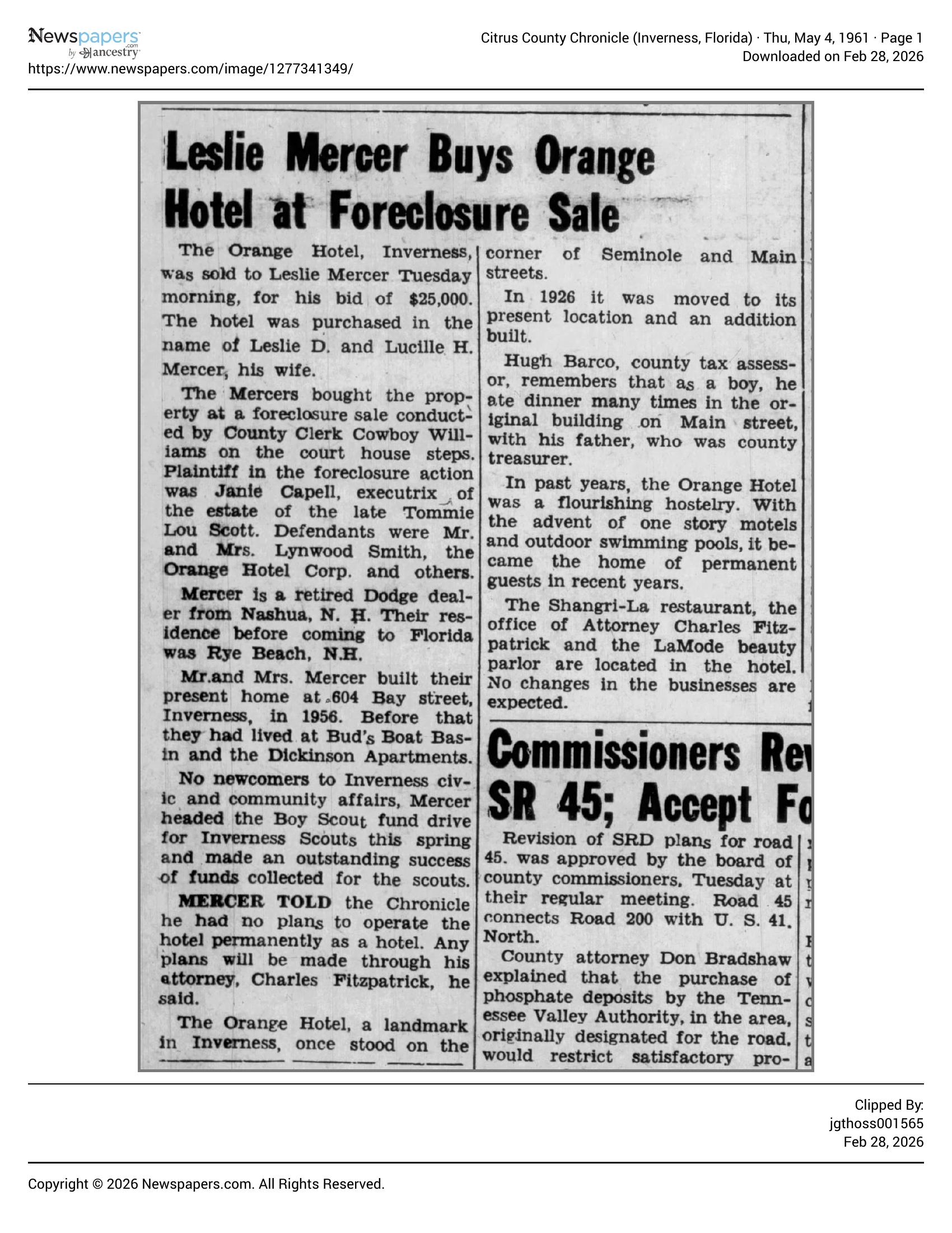 Leslie Mercer Buys Orange Hotel at Foreclosure Sale