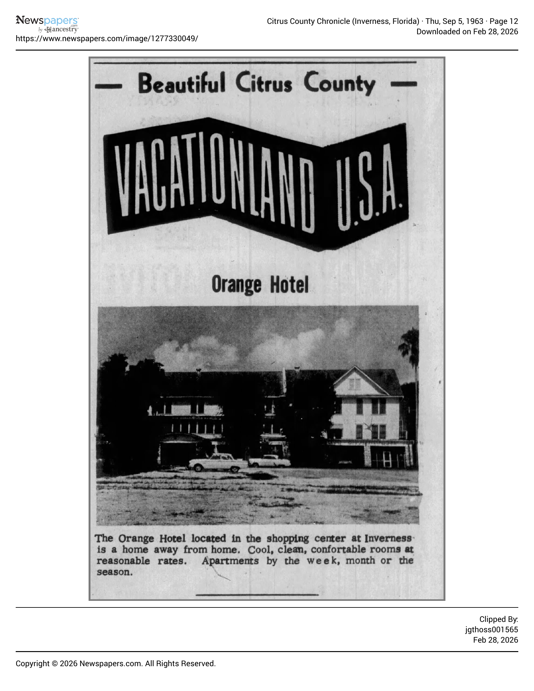 Beautiful Citrus County — Vacationland U.S.A. — Orange Hotel advertisement