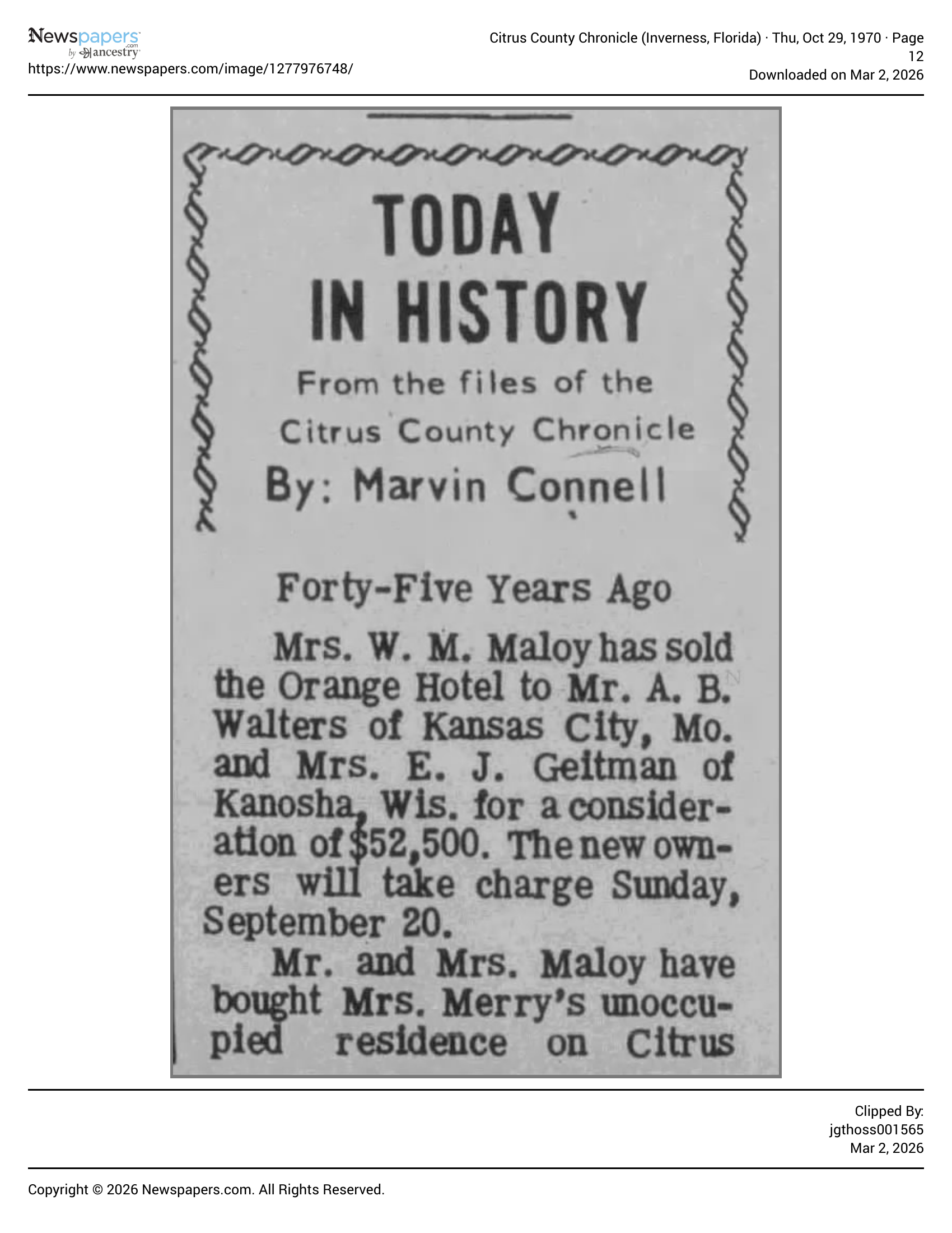Today in History — Maloy sells Orange Hotel