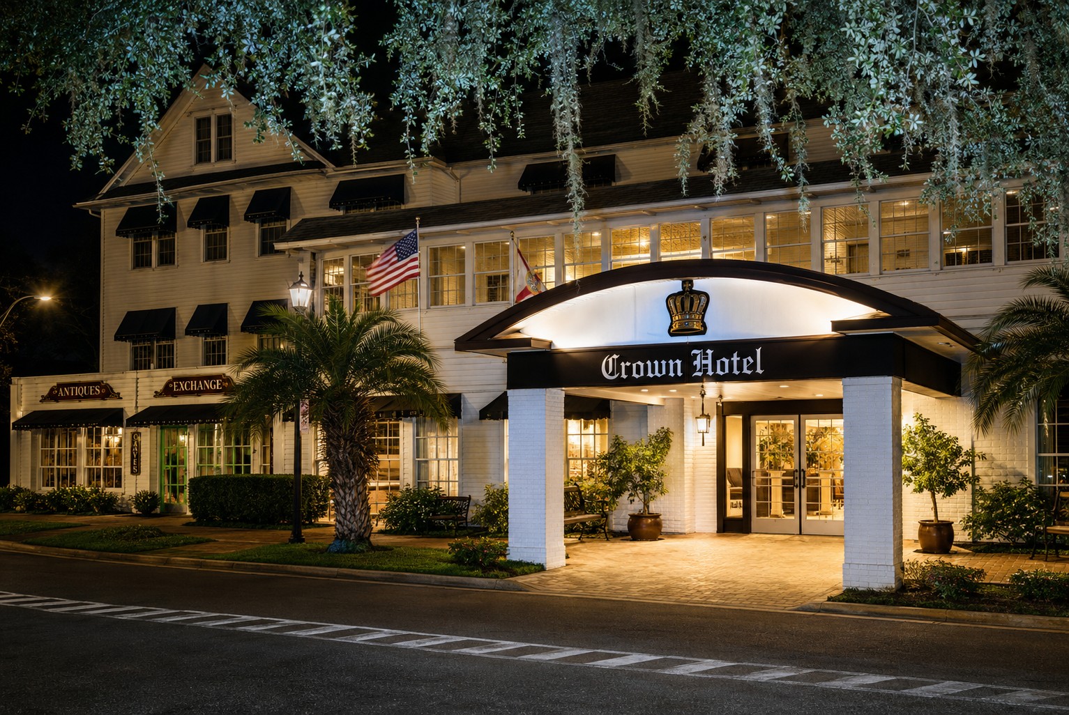 Evening view of the hotel, circa 2000