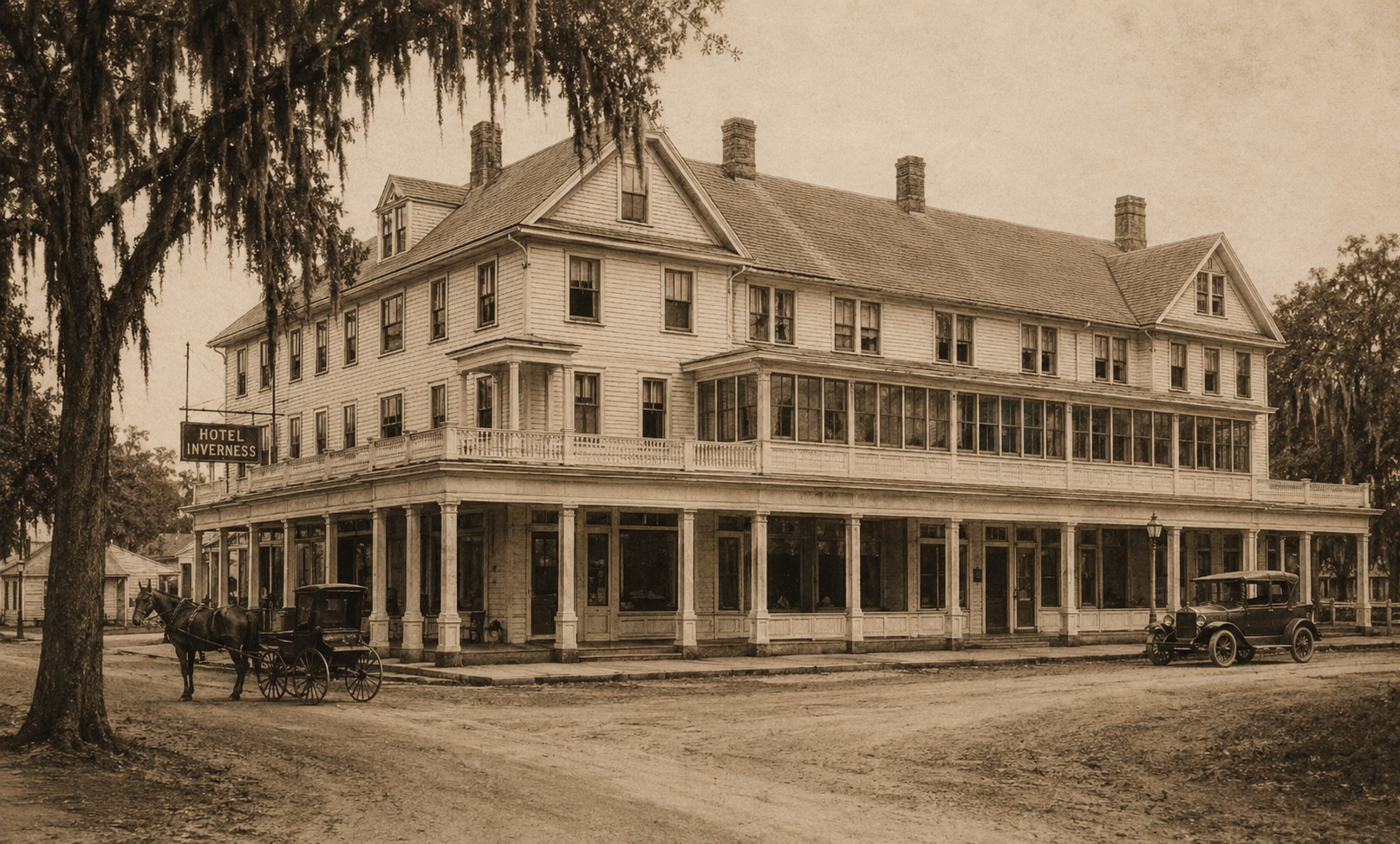 The Hotel Inverness, late 1920s, corner view with the Hotel Inverness sign