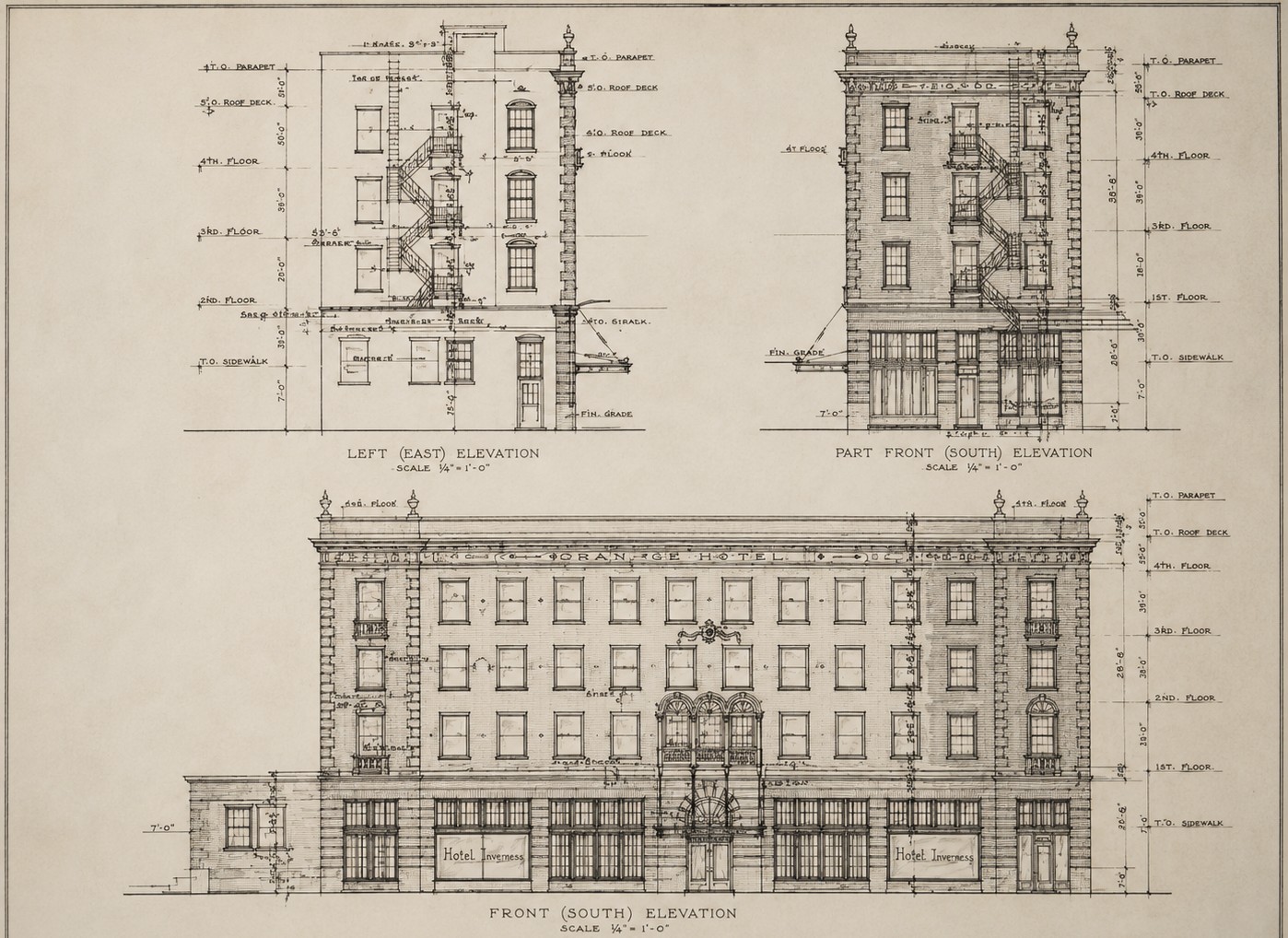 Period architectural elevations of the Orange Hotel Building, c. 1925