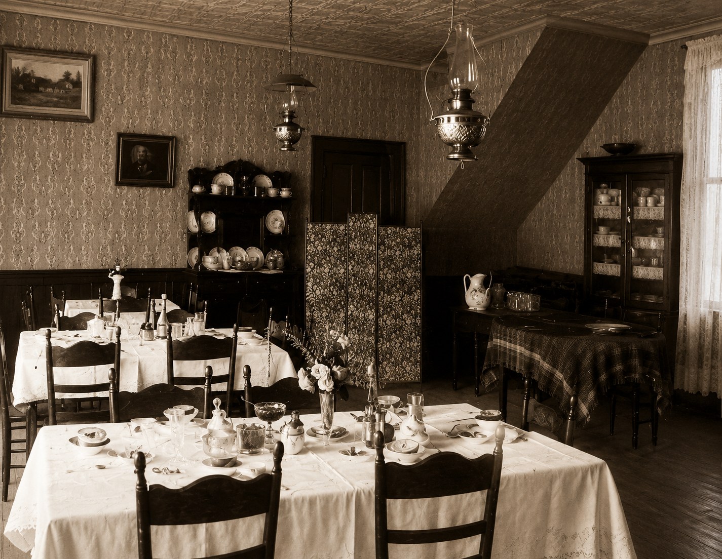 Period illustration of the Orange Hotel dining room
